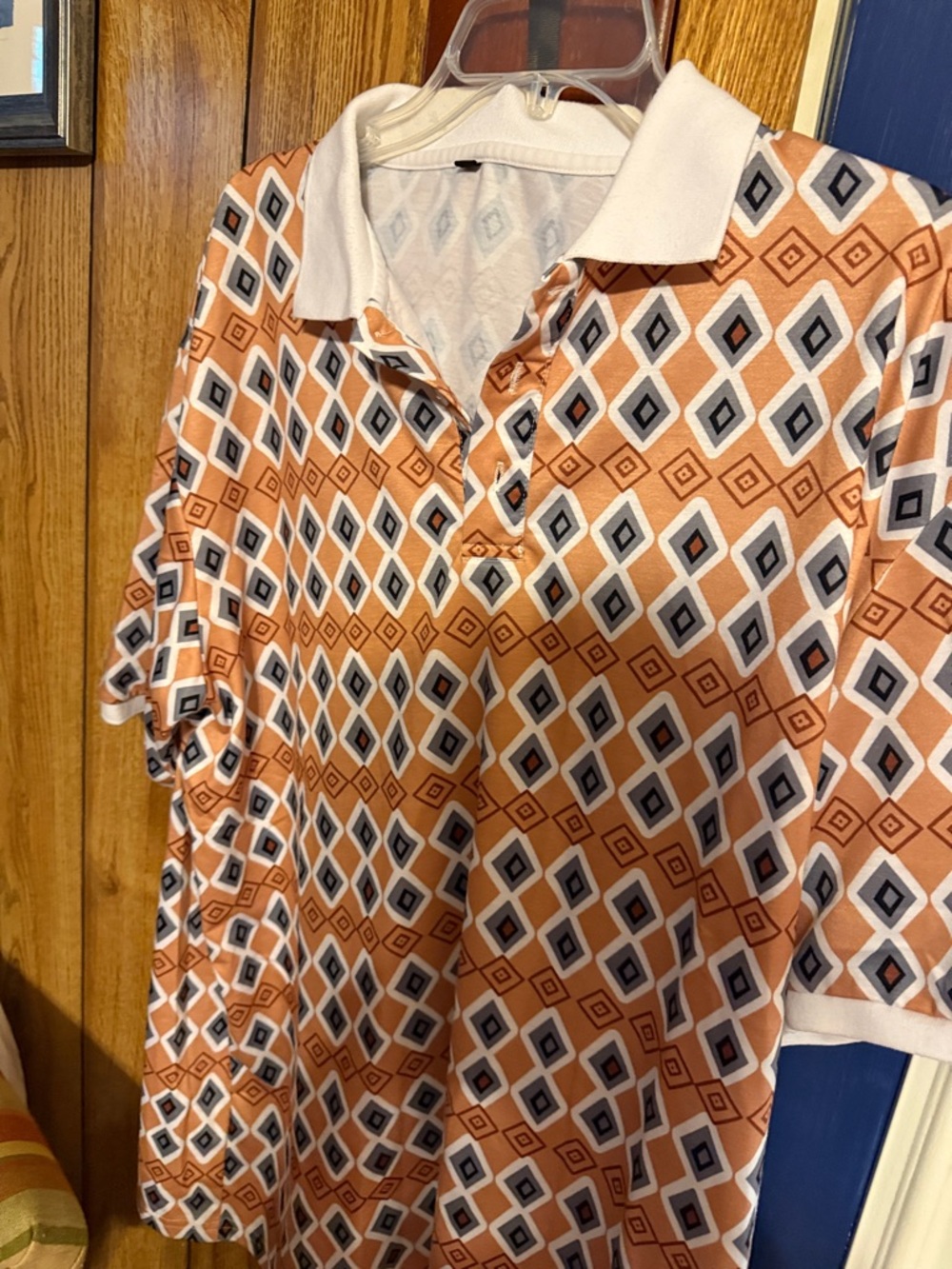 Geometric Orange Polo Shirt with White Collar